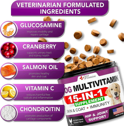 2 Pack Dog Multivitamin Chewable with Glucosamine 15-IN-1